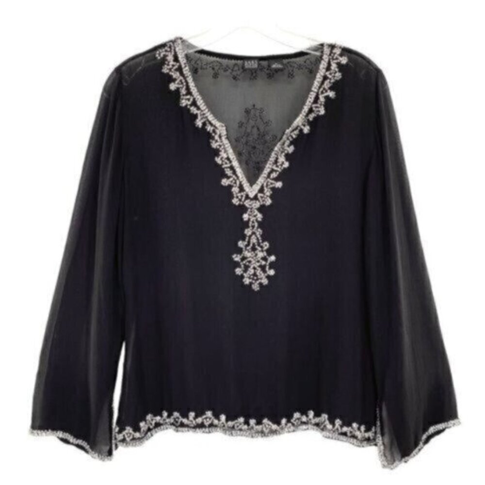 Saks Fifth Avenue Women’s Sheer Black Silk Sequin Beaded Blouse